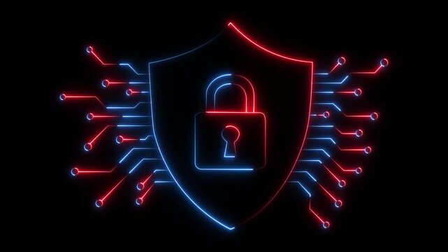 glowing Neon cyber security Shield and Padlock Icon. Protective shield digital security with padlock icon. Neon padlock and Shield icon Digital Data Safety. Secure Login Technology cyber security.