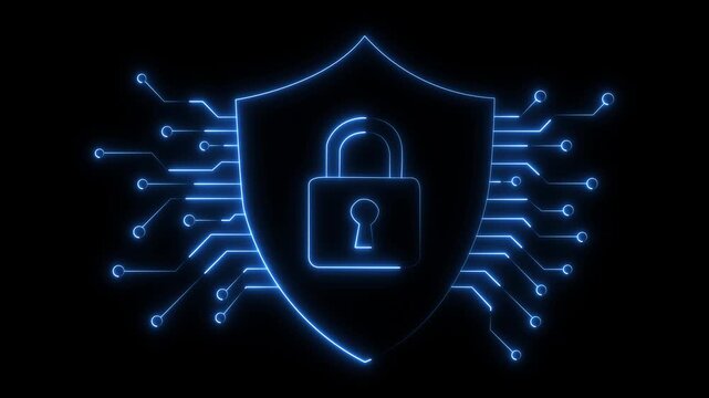glowing Neon cyber security Shield and Padlock Icon. Protective shield digital security with padlock icon. Neon padlock and Shield icon Digital Data Safety. Secure Login Technology cyber security.