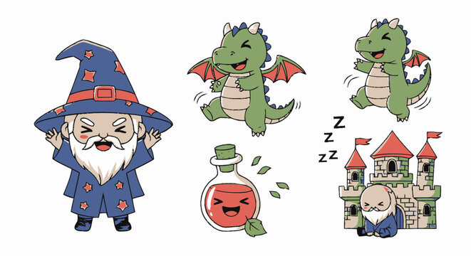 Cute cartoon wizard and dragon sticker set with magic potion and castle illustration.