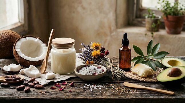 Natural ingredients for organic skincare and beauty products on a rustic wooden table