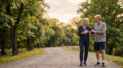 Obraz premium Active senior couple walking in park checking fitness watch, healthy lifestyle and retirement activity concept