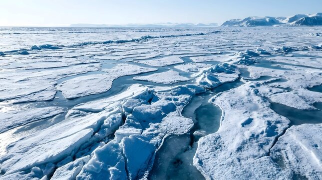 Melting Arctic ice crystals drip and crack under sunlight in a close-up landscape view