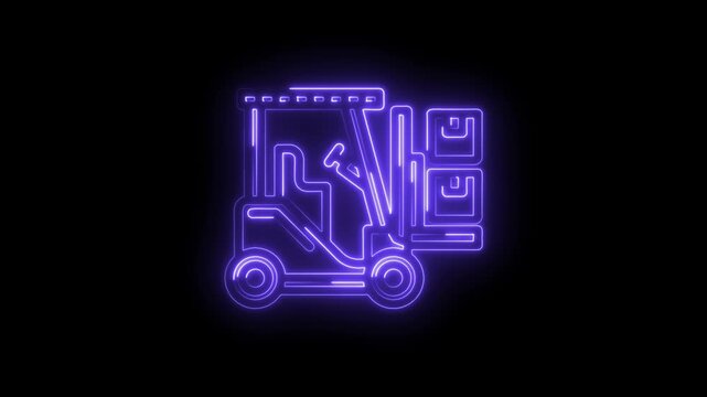 Neon forklift lifting boxes glowing purple on black background abstract industrial logistics icon