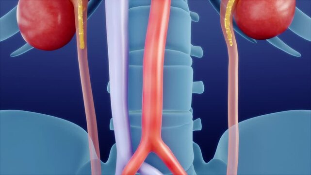 Yellow urine is produced in the kidneys, then flows down the ureters into the bladder for storage. 3D animation of the urinary system's excretory pathway and fluid transport.