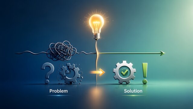 Concept of overcoming challenges with tangled line turning into straight arrow and glowing idea lightbulb