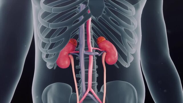 3D medical animation showing the anatomical position of kidneys in the human body, with detailed renal anatomy including renal pelvis, adrenal glands, ureters, and renal blood vessels.