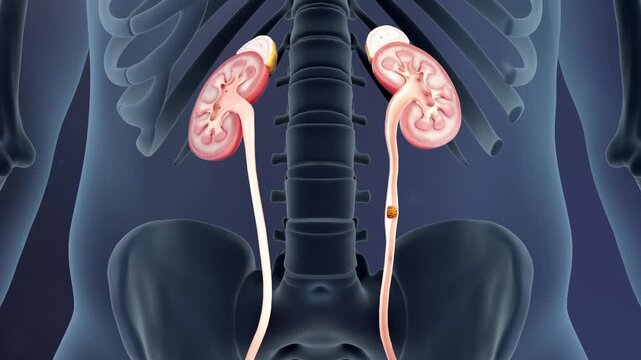 Kidney stones lodge in the ureter, causing severe abdominal pain and urinary blockage. 3D animation of renal anatomy, urinary system pathology, and stone-related complications.