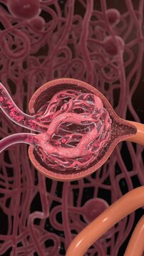 3D animation demonstrates the glomerular filtration process: blood is filtered in the kidney, removing toxins and waste while preserving essential nutrients, and forming urine. Healthy renal function.
