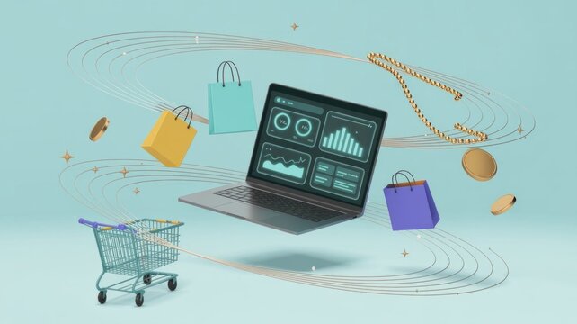 E-commerce data analytics on laptop screen, online shopping concept with floating bags and cart, digital retail marketing and sales tracking