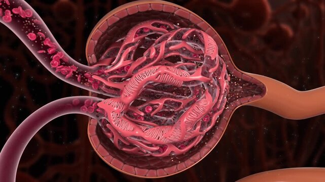 Glomerular filtration, blood flows into the glomerulus, impurities and waste are filtered out, while essential nutrients are retained. Healthy kidney function and urine formation process. 3D animation