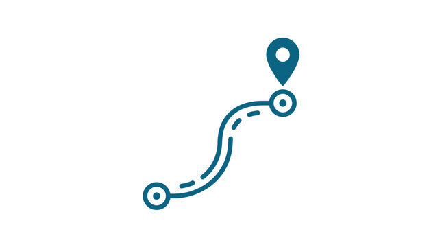 Minimalist graphic icon depicting a blue location pin marking the end of a dashed, curved route connecting two points on a clean white background, symbolizing travel and navigation.