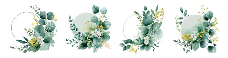 Watercolor eucalyptus and spring foliage border elements creating elegant frames with green leaves and yellow flowers, ideal for wedding invitations and botanical designs © Mari