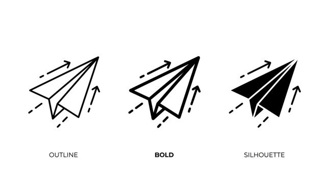 Minimalist paper airplane progression, outline to silhouette, dashed motion lines, bold vector icon set, modern communication, clarity, symbolic travel.