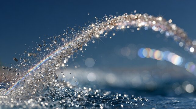 A fountain's water jet arching against a blue sky with sunlight creating glints.