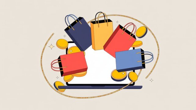 Online shopping concept with colorful paper bags and gold coins on laptop screen, e-commerce digital marketing illustration, retail sales and web store promotion