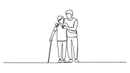 Obraz premium Young man helping an elderly person walk with a cane in a continuous single line drawing style
