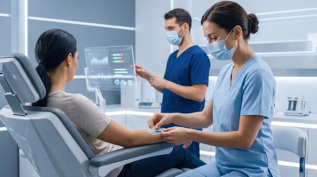 Female nurse applying a smart sensor patch to a patient's arm while a male doctor reviews holographic vital signs data on a transparent screen in a modern digital hospital clinic.