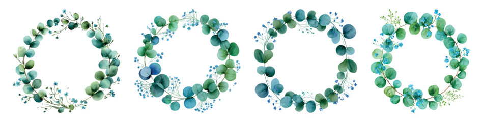 Watercolor eucalyptus wreath set with blue flowers creating botanical frames for wedding invitations, greeting cards, and decorative design elements on a white background © Mari