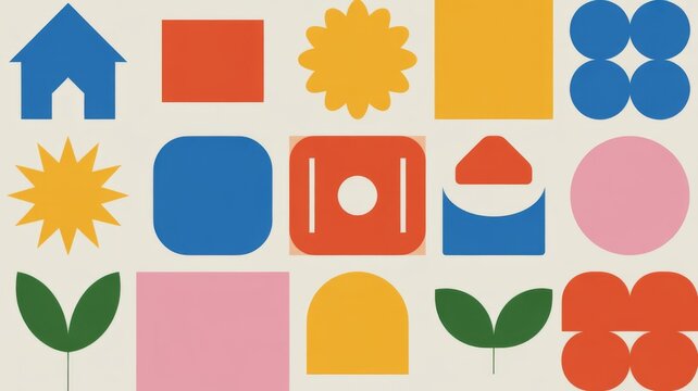 Minimalist geometric shapes collection, colorful abstract icons in mid-century modern style, flat vector aesthetic for branding and web design