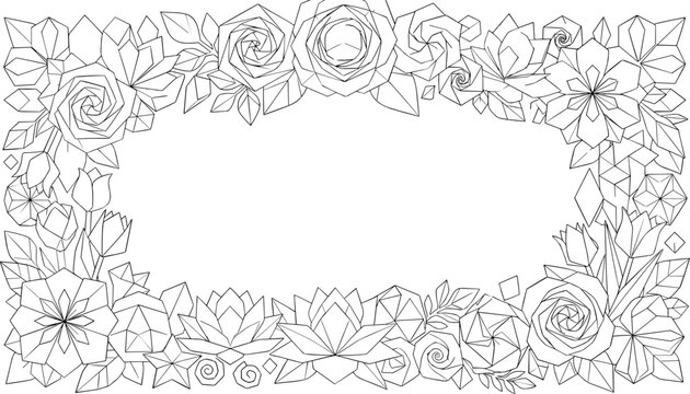 Geometric origami floral rectangular frame with roses lotuses and crystals in black lineart