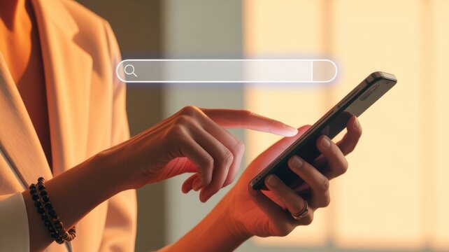 Search bar interface overlay on smartphone, businesswoman using mobile phone for internet browsing, digital marketing and SEO concept