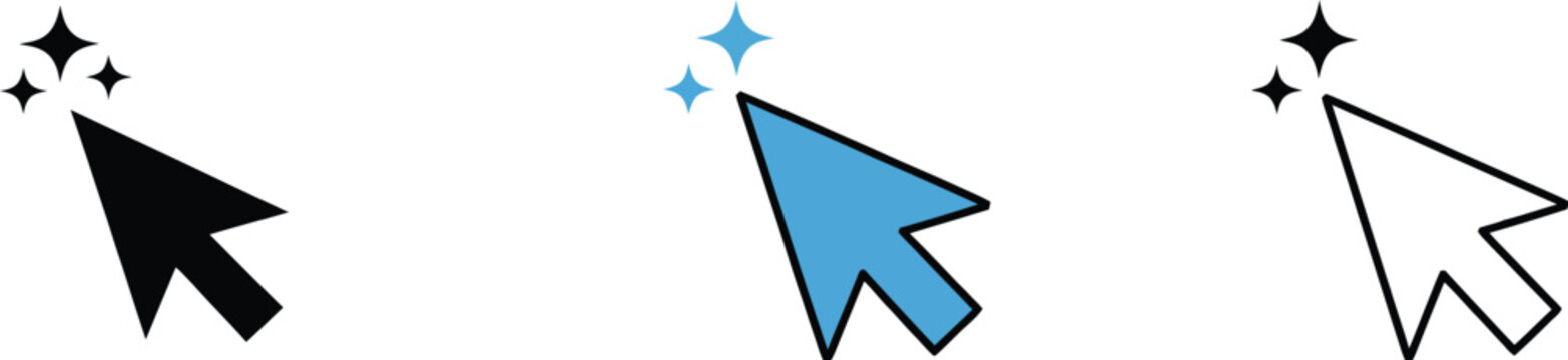 Magic mouse cursor clicker icons set with sparkles representing artificial intelligence technology generation and smart digital interaction