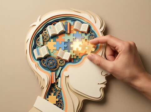 3D Papercut Human Profile with Brain Puzzle, Books, and Gears Concept