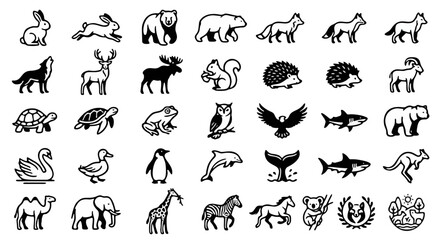 Fototapeta premium Minimalist animal icons set, 35 black and white wildlife vector line art symbols, wild fauna and zoo creature silhouettes for branding