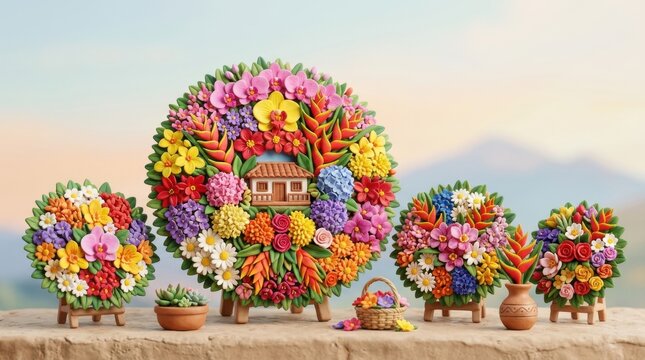 Colombian Flower Festival Silletas and Traditional House