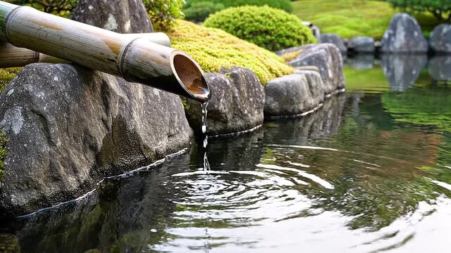 伝統的なししおどしと美しく剪定された盆栽のような庭木のシネマティック映像