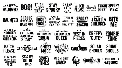Halloween spooky typography bundle featuring creepy quotes ghost pumpkin witch and bat silhouettes set for holiday decorations stickers t-shirt designs and cards isolated on white background. © Itx Musa