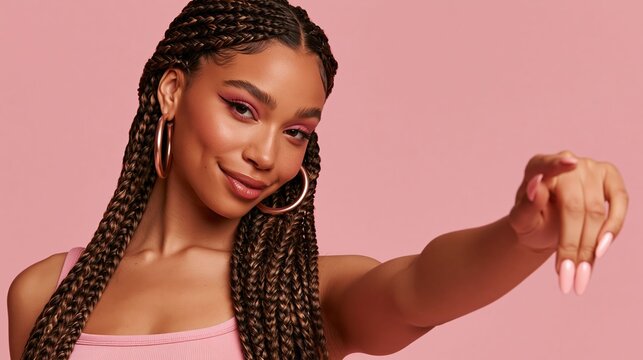 Closeup of confident dark skinned woman with cornrow braids baby hairs pink strapless top and rose gold hoop earrings against a pink studio background
