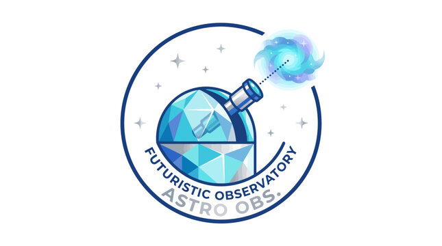 A futuristic observatory logo featuring a glowing telescope on a crystal ball with stars, showcasing a modern Astro Obs facility.