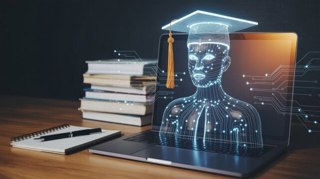 Artificial intelligence online education concept, digital human avatar with graduation cap on laptop screen, futuristic e-learning technology