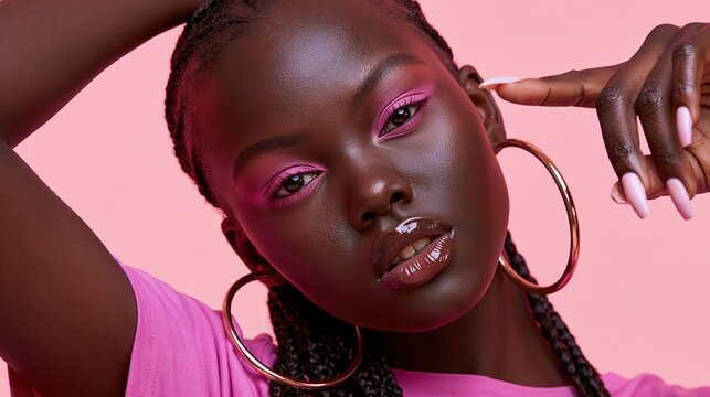 Closeup of confident dark skinned woman with cornrow braids baby hairs pink strapless top and rose gold hoop earrings against a pink studio background