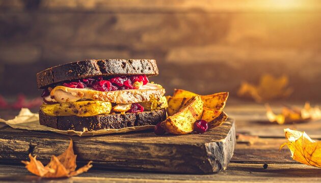 Turkey sandwich with cranberry stuffing and potatoes from Thanksgiving leftovers