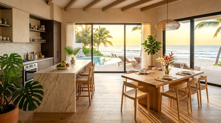 Fototapeta premium Luxury beachfront dining room with open kitchen view of ocean sunset