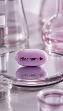 Focus on niacinamide supplement surrounded by glassware and purple liquids on a reflective surface in a well-lit lab setting