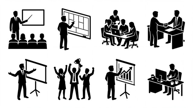 Business meeting and presentation icons a comprehensive set of black flat vector silhouettes for corporate communication and teamwork