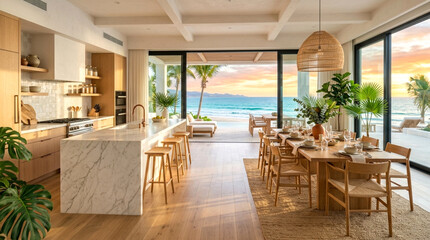 Fototapeta premium Modern tropical beach house interior with dining area and ocean view