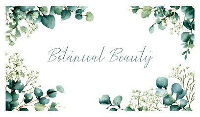 Watercolor eucalyptus leaves and delicate white baby's breath flowers form charming decorative frames around an elegant script text. Greeting cards. Or other festive celebrations © Mari