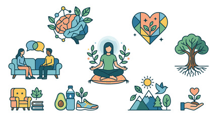 Fototapeta premium World Mental Health Day illustration set promoting wellness and self-care with meditation, nature, and healthy habits