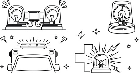 Emergency siren light vector icon set featuring police car lightbar flashing warning beacon and ambulance medical cross flasher. © MdShakib