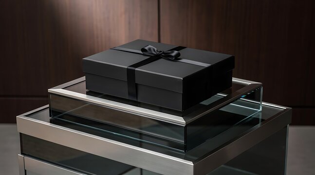Elegant Black Gift Box Tied with Ribbon on a Modern Display Stand.