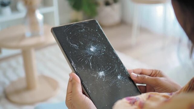 Broken tablet screen being held by a person at home