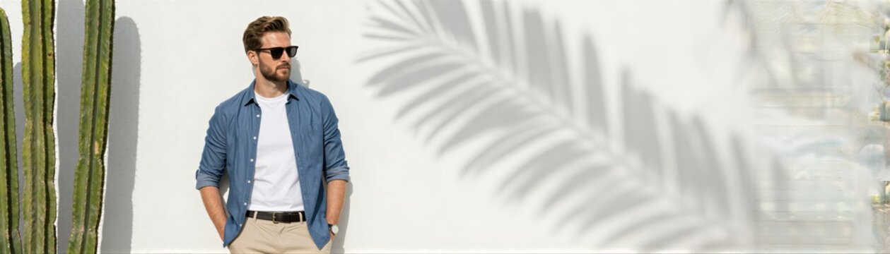 Man Standing Against White Wall With Shadow Of Palm Fronds Cast On Suggesting Outdoor Setting In Warm Climate Near Tropical Vegetation