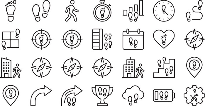 Step Counter and Pedometer Line Icons Set for Walking Tracker, Fitness Goals, and Navigation App UI
