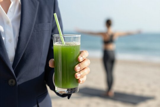 Captures Moment On To Beach Daylight Hours Main Subject Hand Of Individual Holding Green Smoothie In Clear Glass With Bubbles