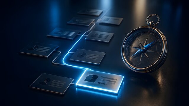 Classic compass navigating a glowing blue digital flowchart on dark background symbolizing data driven business strategy and strategic direction