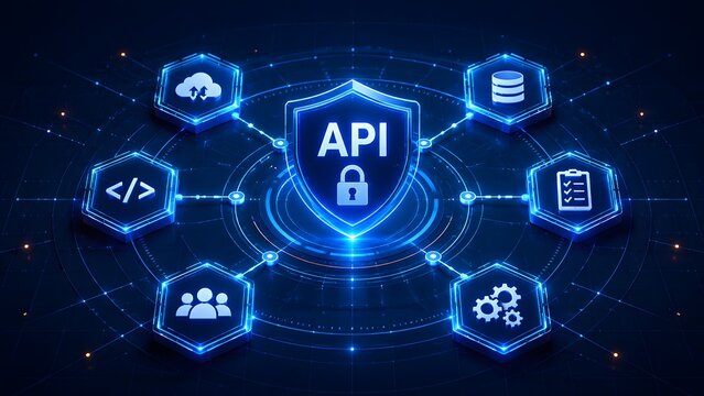 Glowing blue API security shield with lock icon surrounded by cloud database and coding network nodes representing secure software integration